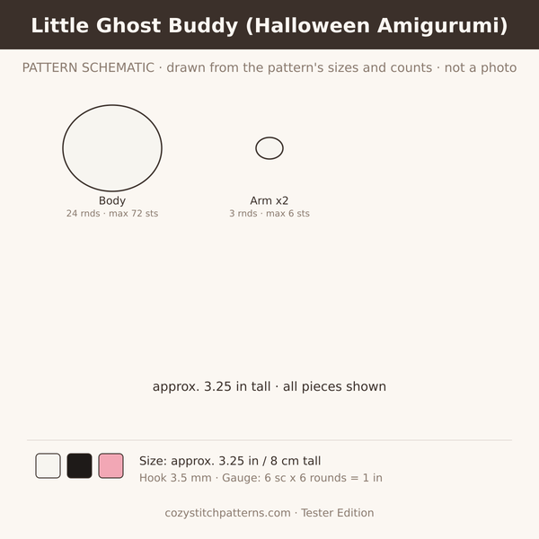 Little Ghost Buddy (Halloween Amigurumi): pattern schematic drawn from the sizes and stitch counts · not a photo