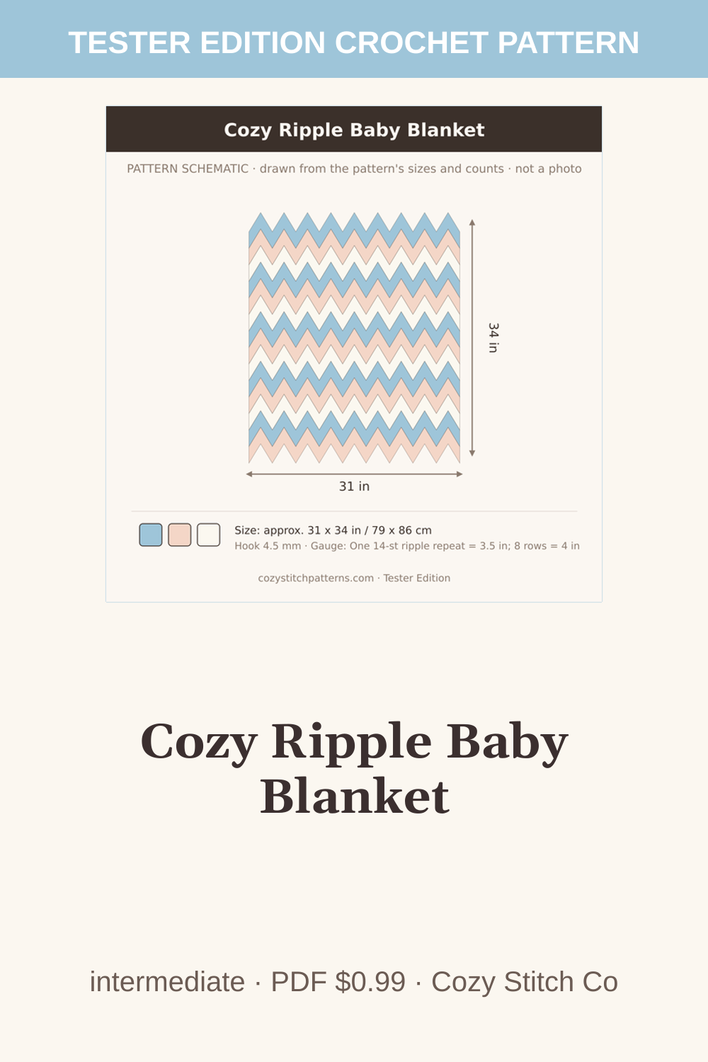 Pinterest pin for the Cozy Ripple Baby Blanket crochet pattern