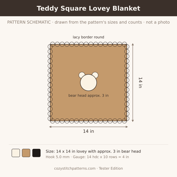 Concept sketch (not a photo) for the Teddy Square Lovey Blanket Tester Edition crochet pattern